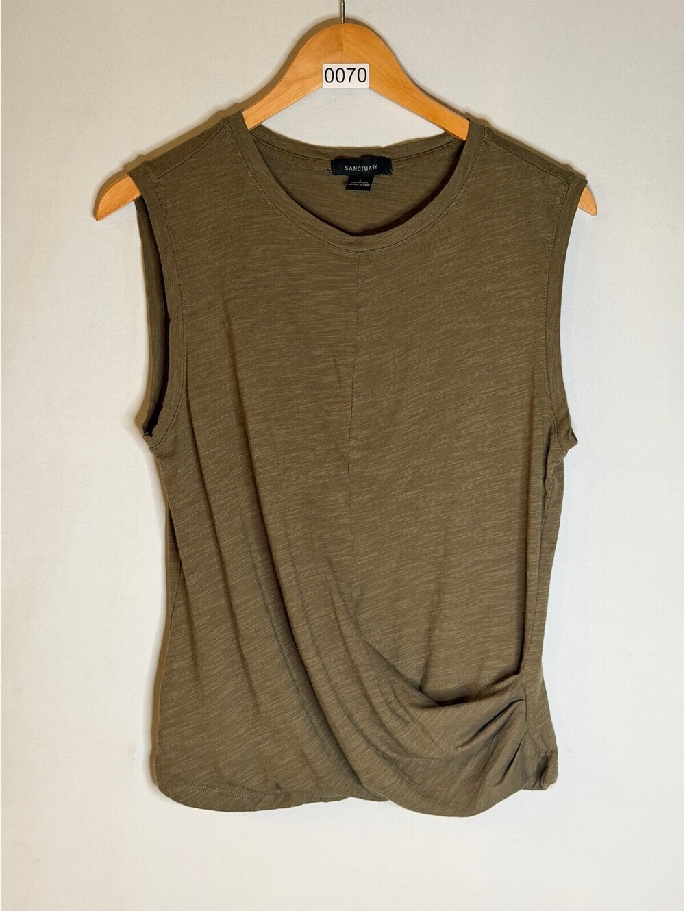 Sanctuary Olive Green Sleeveless Top with Side Knot Detail, Size Large